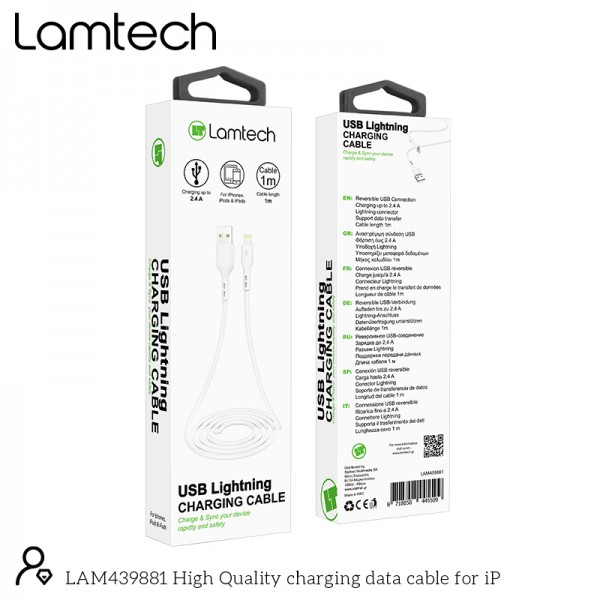 LAMTECH CHARGING & DATACABLE LIGHTNING 1m  WHITE