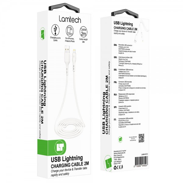 LAMTECH CHARGING & DATACABLE LIGHTNING 2m WHITE