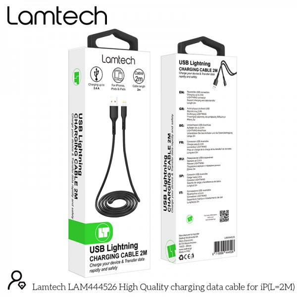 LAMTECH CHARGING & DATACABLE LIGHTNING 2m BLACK