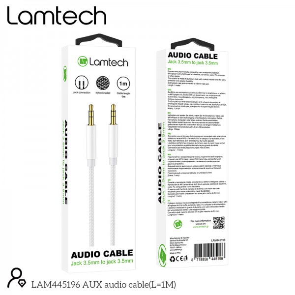 LAMTECH AUDIOCABLE BRAIDED 1m 3.5mm to 3.5mm WHITE