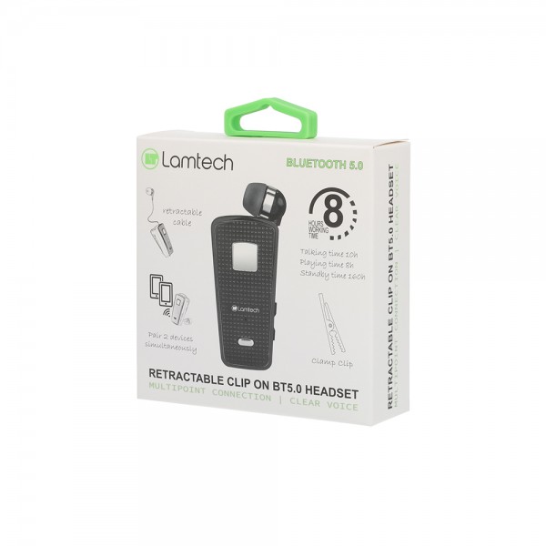 LAMTECH RETRACTABLE BT 5.0 CLIP ON HEADSET BLACK (HANGING CORD)