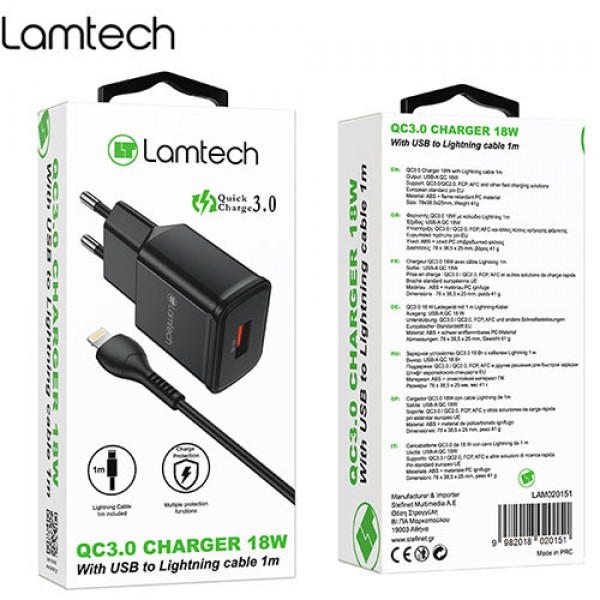 LAMTECH WALL CHARGER QC3.0 18W WITH LIGHTNING CABLE 1M BLACK