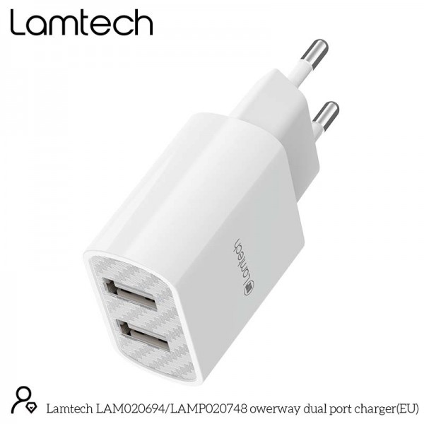 LAMTECH TRAVEL WALL CHARGER 2.1A WITH 2xUSB WHITE