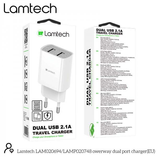 LAMTECH TRAVEL WALL CHARGER 2.1A WITH 2xUSB WHITE