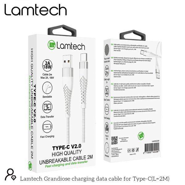 LAMTECH TYPE-C V2,0 HIGH QUALITY UNBREAKABLE CABLE SILVER 2M