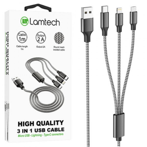 LAMTECH HIGH QUALITY 3 IN 1 USB CABLE WITH METALLIC SHELL BLACK 1M