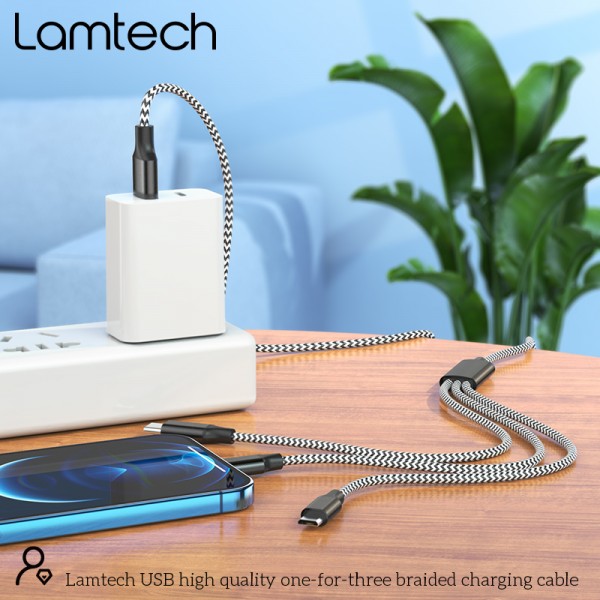 LAMTECH HIGH QUALITY 3 IN 1 USB CABLE WITH METALLIC SHELL BLACK 1M