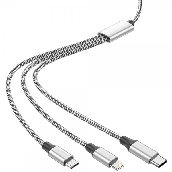 LAMTECH HIGH QUALITY 3 IN 1 USB CABLE WITH METALLIC SHELL SILVER 1M