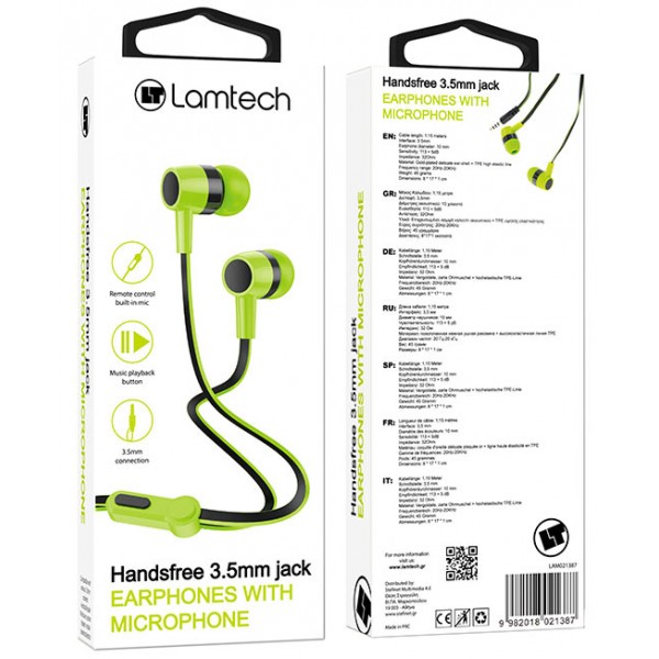 LAMTECH HANDSFREE WITH MIC 3,5MM JACK GREEN