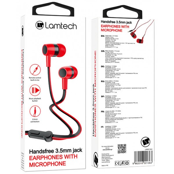 LAMTECH HANDSFREE WITH MIC 3,5MM JACK RED