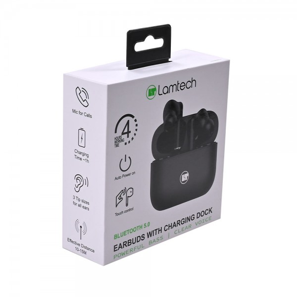 LAMTECH BLUETOOTH 5.0 TWS EARPHONES WITH CHARGING DOCK BLACK