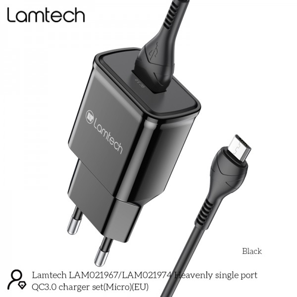 LAMTECH QUICK CHARGER USB3.0 18W WITH MICRO USB CABLE 1M BLACK