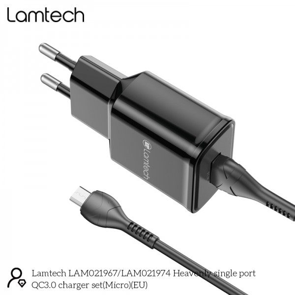 LAMTECH QUICK CHARGER USB3.0 18W WITH MICRO USB CABLE 1M BLACK