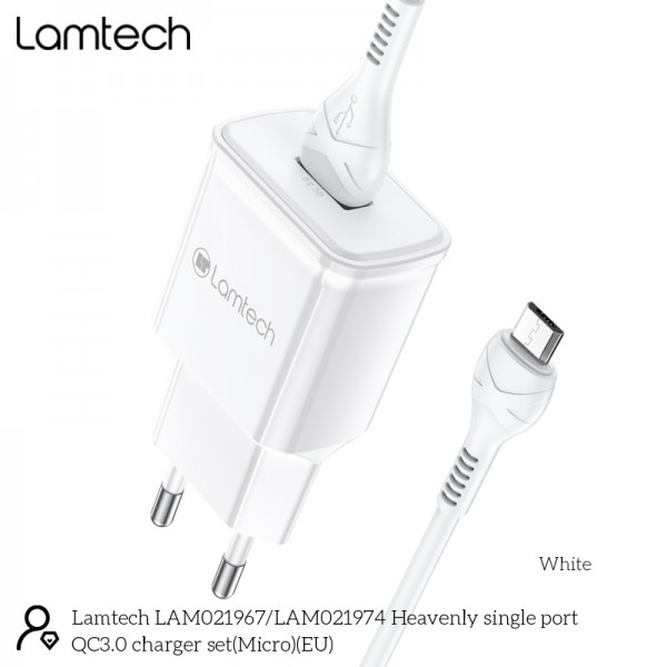 LAMTECH QUICK CHARGER USB3.0 18W WITH MICRO USB CABLE 1M WHITE