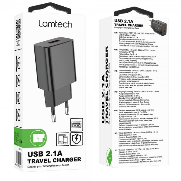 LAMTECH USB TRAVEL CHARGER 2,1A BLACK