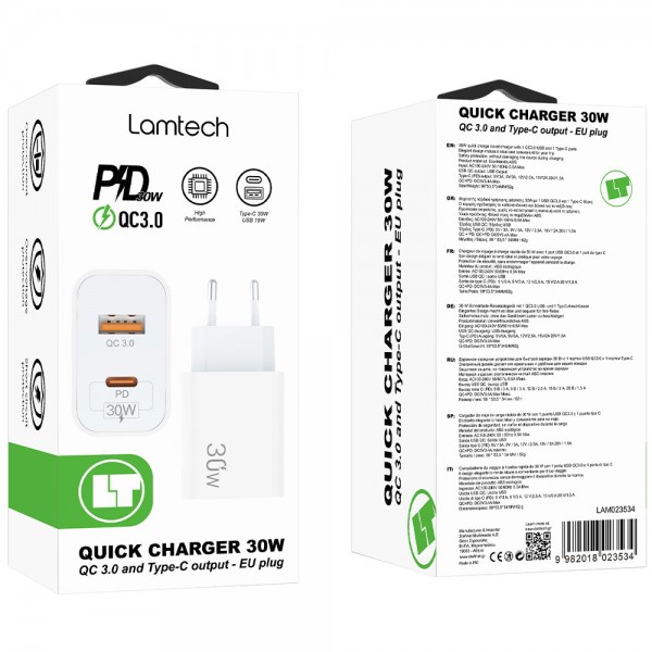 LAMTECH CHARGER USB QC3.0/TYPE-C 30W