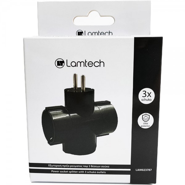 LAMTECH POWER SOCKET SPLITTER WITH 3 SCHUKO OUTLETS BLACK