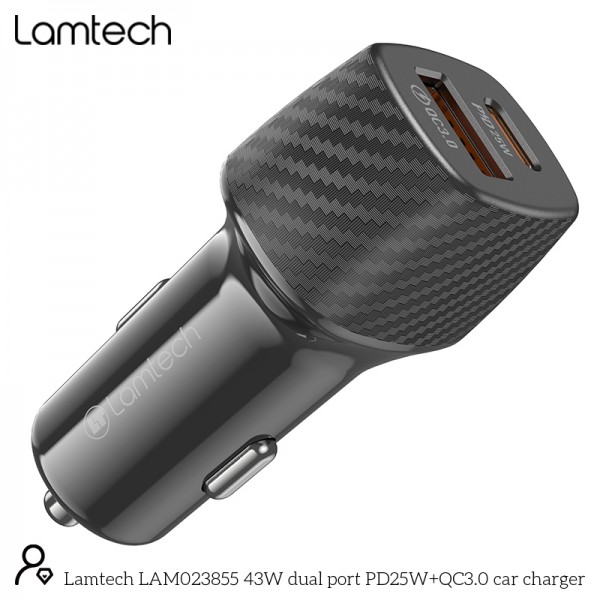 LAMTECH DUAL PORT CAR FAST CHARGER  TYPE-C PD 25W & USB 18W BLACK