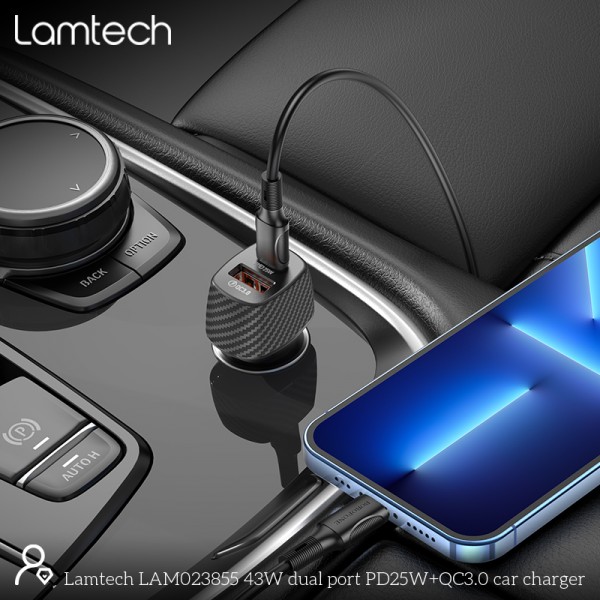 LAMTECH DUAL PORT CAR FAST CHARGER  TYPE-C PD 25W & USB 18W BLACK