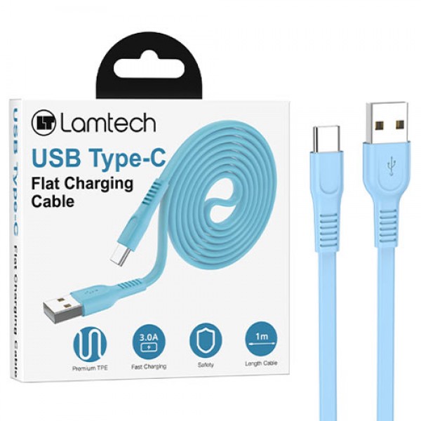 LAMTECH TYPE-C 3.0A FLAT CHARGING CABLE 1M BLUE