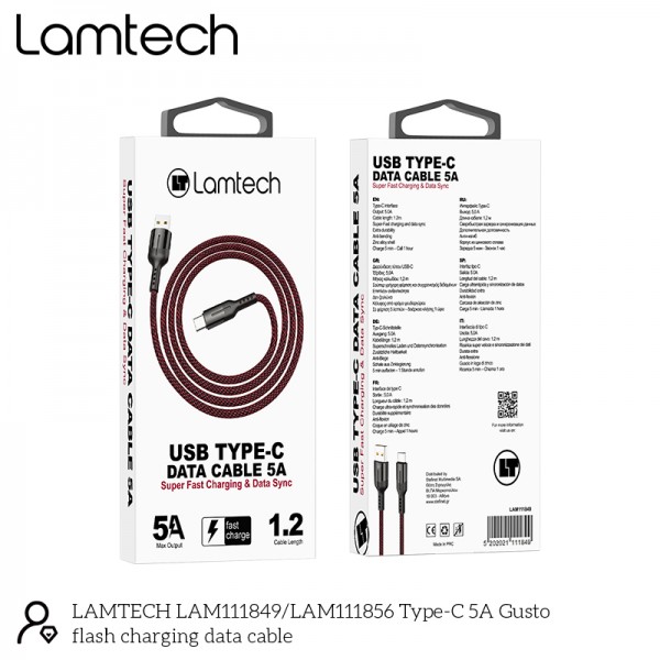 LAMTECH USB TYPE-C DATA CABLE 5A 1,2M BLACK