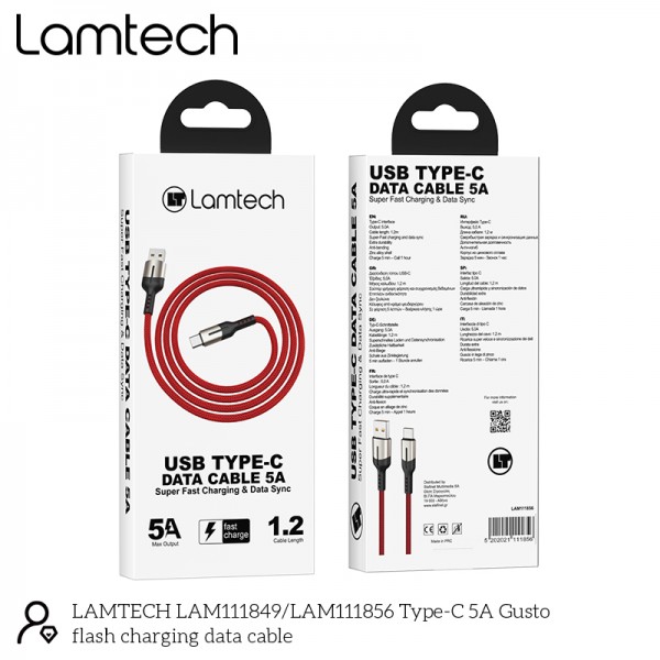 LAMTECH USB TYPE-C DATA CABLE 5A 1,2M RED