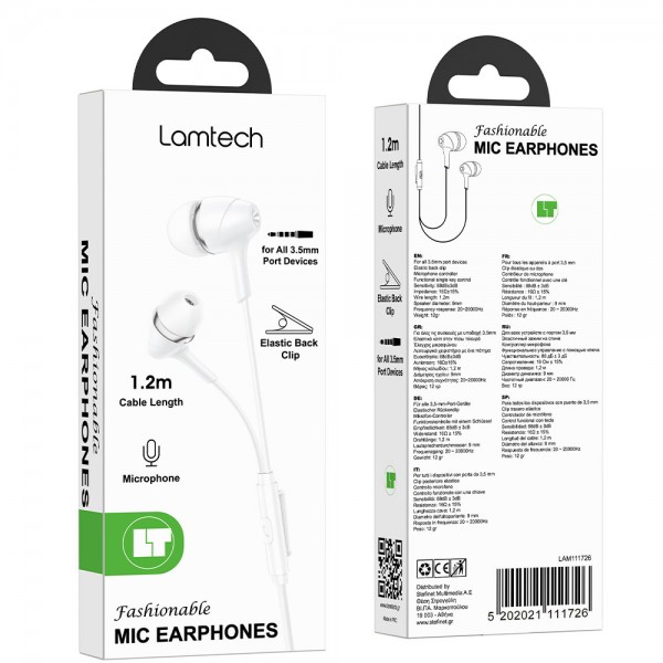 LAMTECH FASHIONABLE 3,5MM EARPHONES WITH MIC WHITE