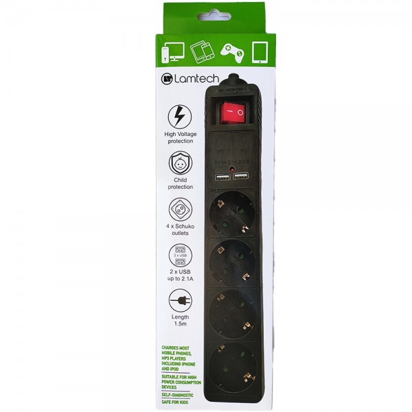 LAMTECH 4WAY SURGE PROTECTOR WITH 2xUSB 4xSCHUKO BLACK 1.5M