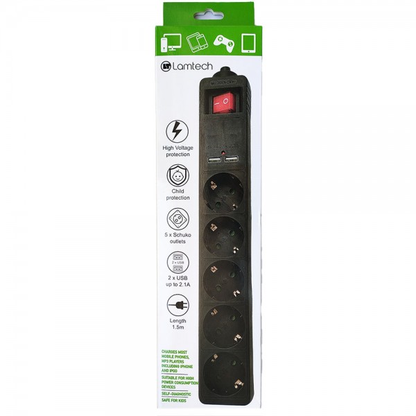 LAMTECH 5WAY SURGE PROTECTOR WITH 2xUSB 5xSCHUKO BLACK 1.5M