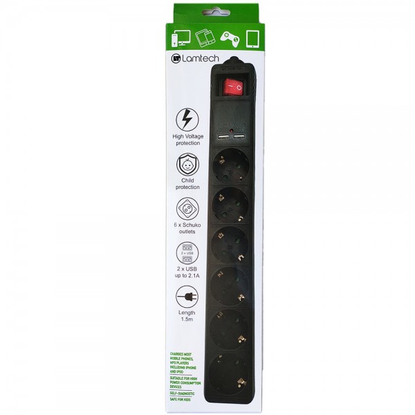 LAMTECH 6WAY SURGE PROTECTOR WITH 2xUSB 6xSCHUKO BLACK 1.5M