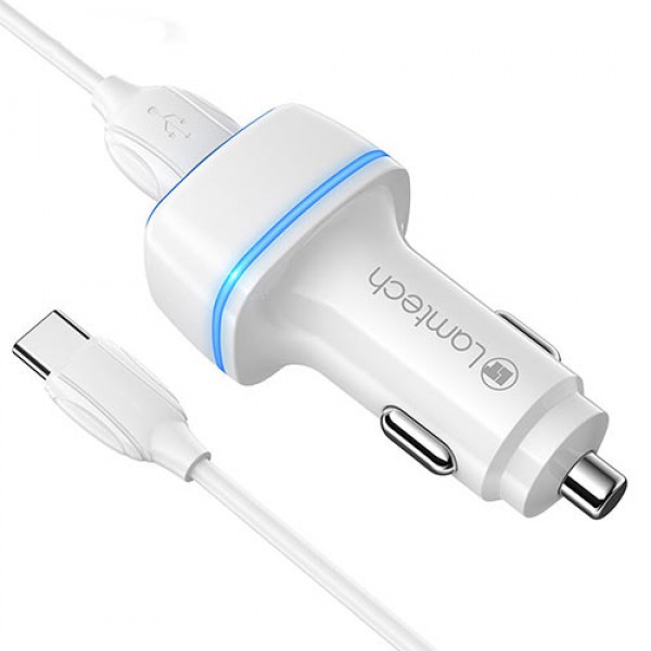 LAMTECH 2xUSB 2,4A CAR CHARGER WITH TYPE-C CABLE 1M WHITE