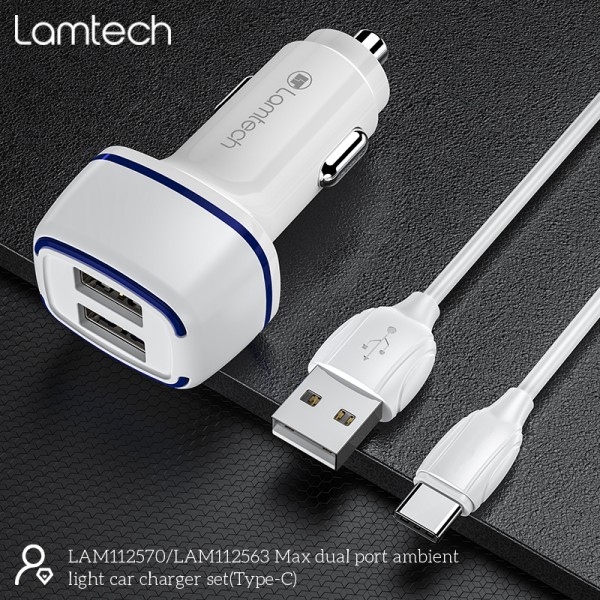 LAMTECH 2xUSB 2,4A CAR CHARGER WITH TYPE-C CABLE 1M WHITE