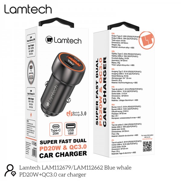 LAMTECH METAL CAR CHARGER QC3.0 & PD20W METAL GRAY