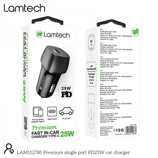 LAMTECH PREMIUM FAST IN-CAR CHARGER TYPE-C PD25W BLACK