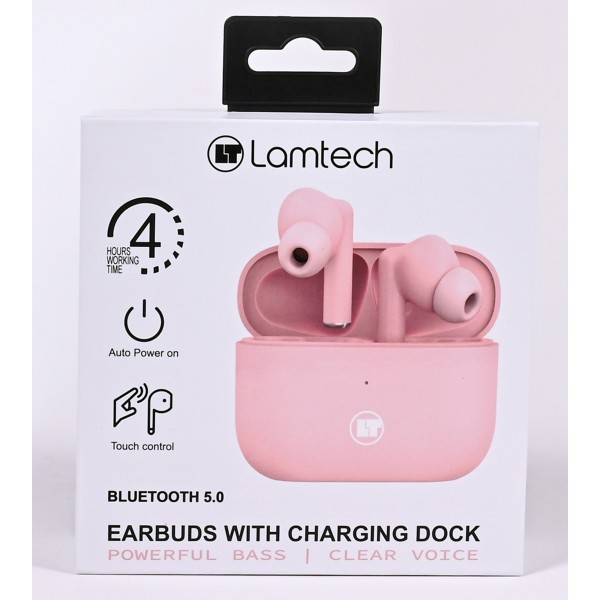 LAMTECH BLUETOOTH 5.0 TWS EARPHONES WITH CHARGING DOCK PINK