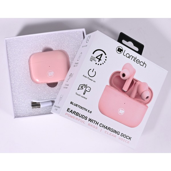 LAMTECH BLUETOOTH 5.0 TWS EARPHONES WITH CHARGING DOCK PINK