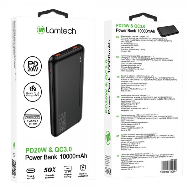 LAMTECH POWERBANK 10000MAH QC3,0+PD20W BLACK