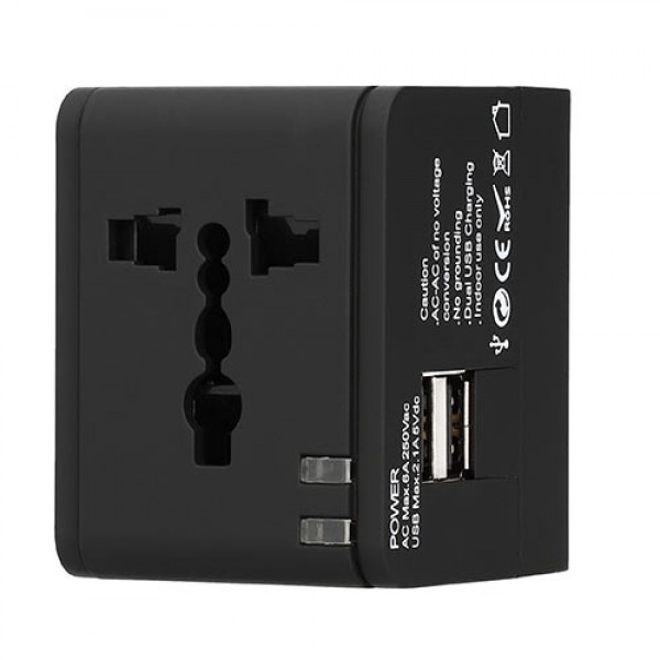 LAMTECH UNIVERSAL TRAVEL ADAPTER WITH 2 USB PORTS AC 6A BLACK