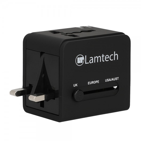 LAMTECH UNIVERSAL TRAVEL ADAPTER WITH 2 USB PORTS AC 6A BLACK