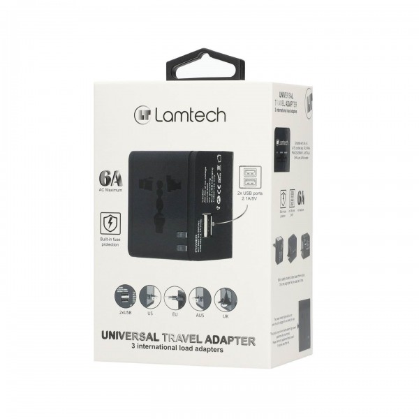 LAMTECH UNIVERSAL TRAVEL ADAPTER WITH 2 USB PORTS AC 6A BLACK