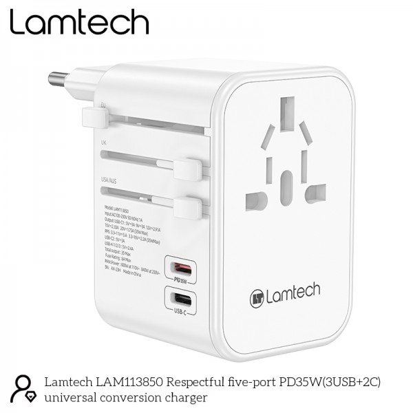 LAMTECH UNIVERSAL TRAVEL ADAPTER WITH 3xUSB + 2xTYPE-C OUTPUTS 35W