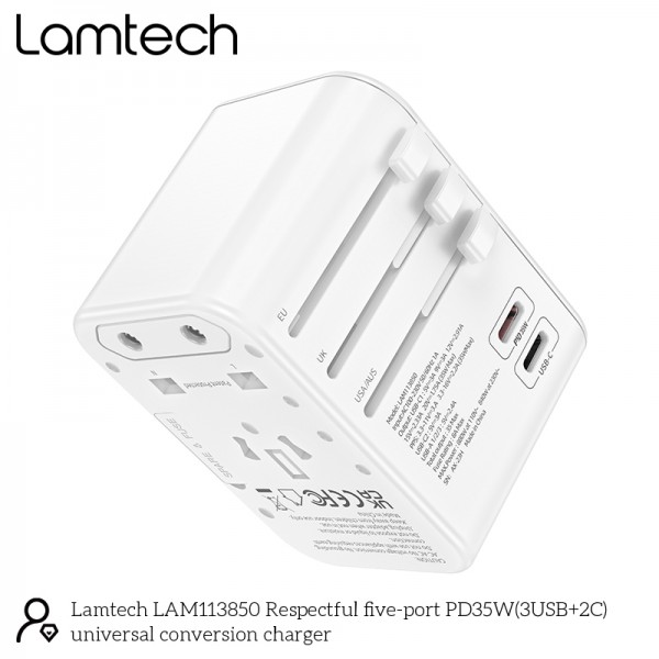 LAMTECH UNIVERSAL TRAVEL ADAPTER WITH 3xUSB + 2xTYPE-C OUTPUTS 35W