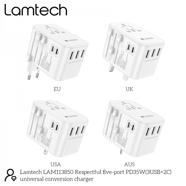 LAMTECH UNIVERSAL TRAVEL ADAPTER WITH 3xUSB + 2xTYPE-C OUTPUTS 35W