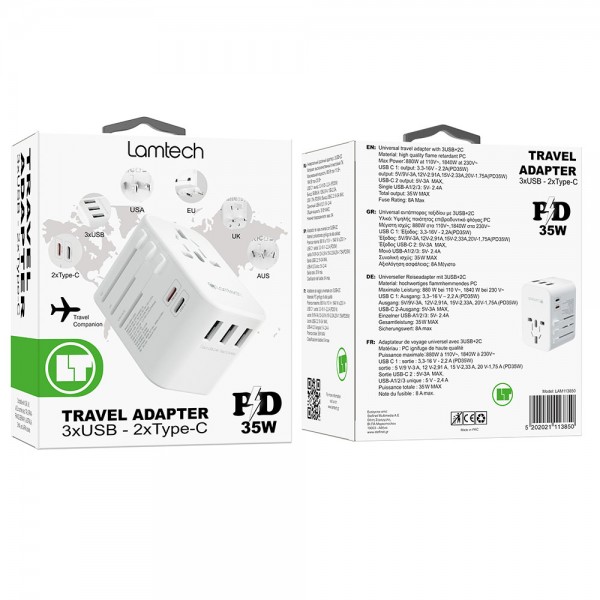 LAMTECH UNIVERSAL TRAVEL ADAPTER WITH 3xUSB + 2xTYPE-C OUTPUTS 35W