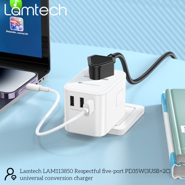 LAMTECH UNIVERSAL TRAVEL ADAPTER WITH 3xUSB + 2xTYPE-C OUTPUTS 35W