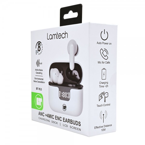 LAMTECH BT5.3 EARBUDS ANC & 4MIC ENC WITH LED CHARGING CASE WHITE