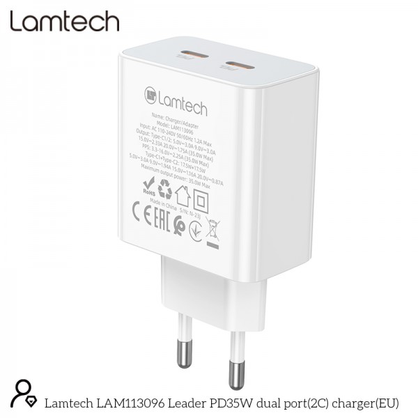 LAMTECH DUAL TYPE-C FAST CHARGER PD35W WHITE