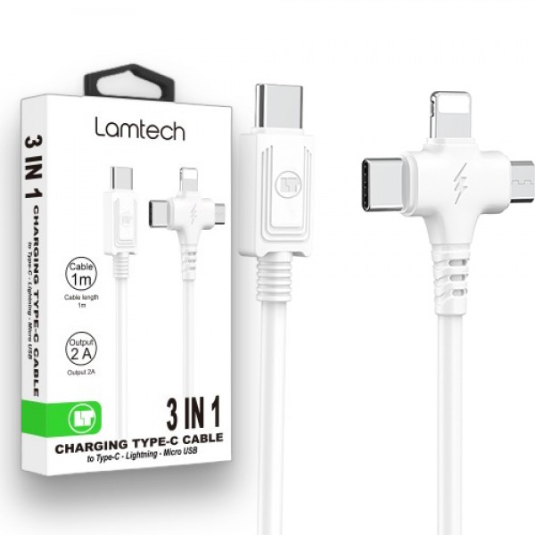 LAMTECH 3 IN 1 CHARGING TYPE-C CABLE TO TYPE-C/LIGHTNING/MICRO USB 1M WHITE