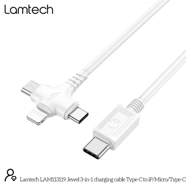 LAMTECH 3 IN 1 CHARGING TYPE-C CABLE TO TYPE-C/LIGHTNING/MICRO USB 1M WHITE