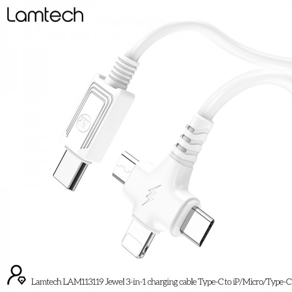 LAMTECH 3 IN 1 CHARGING TYPE-C CABLE TO TYPE-C/LIGHTNING/MICRO USB 1M WHITE